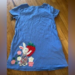 Mini Boden Size 13-14 Blue Short Sleeve tunic with Bunny & Strawberry Appliqué